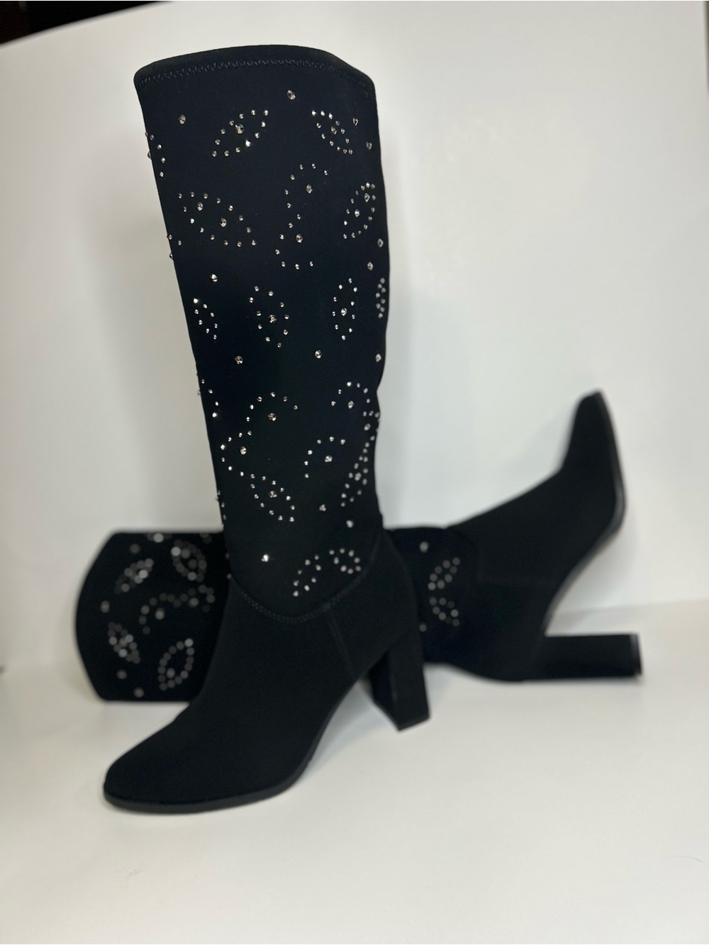 Embellished Black Knee-High Suede Block Heel Boots